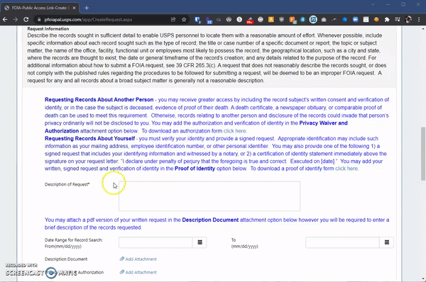 Screencast of the USPS FOIA portal with links to required documents that lead to 404 not found pages