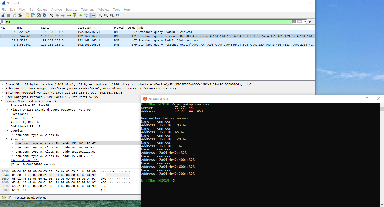 A Wireshark trace of a DNS lookup